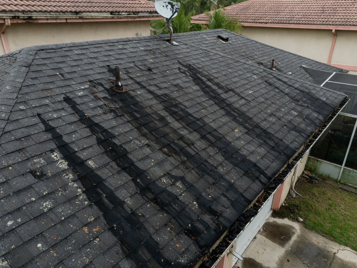 Black algae streaks on Florida roof before soft washing
