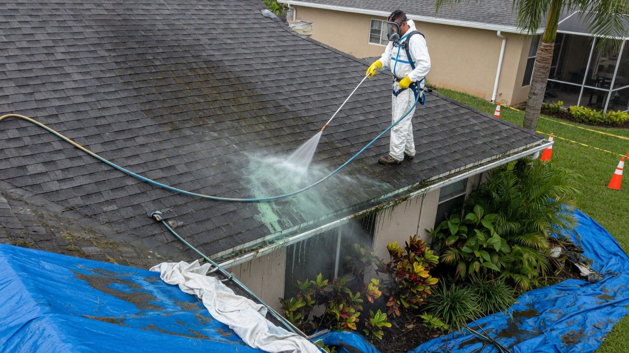 JBC technician soft washing a residential roof at low pressure